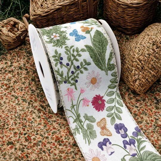 Designer's Shop; Designer’s Shop Botanical Wildflower Wired Ribbon 2.5 Inch x 10 Yards – Spring Floral & Butterfly Print on White Fabric WR 63-5231; Category:Spring Ribbon; Image:1